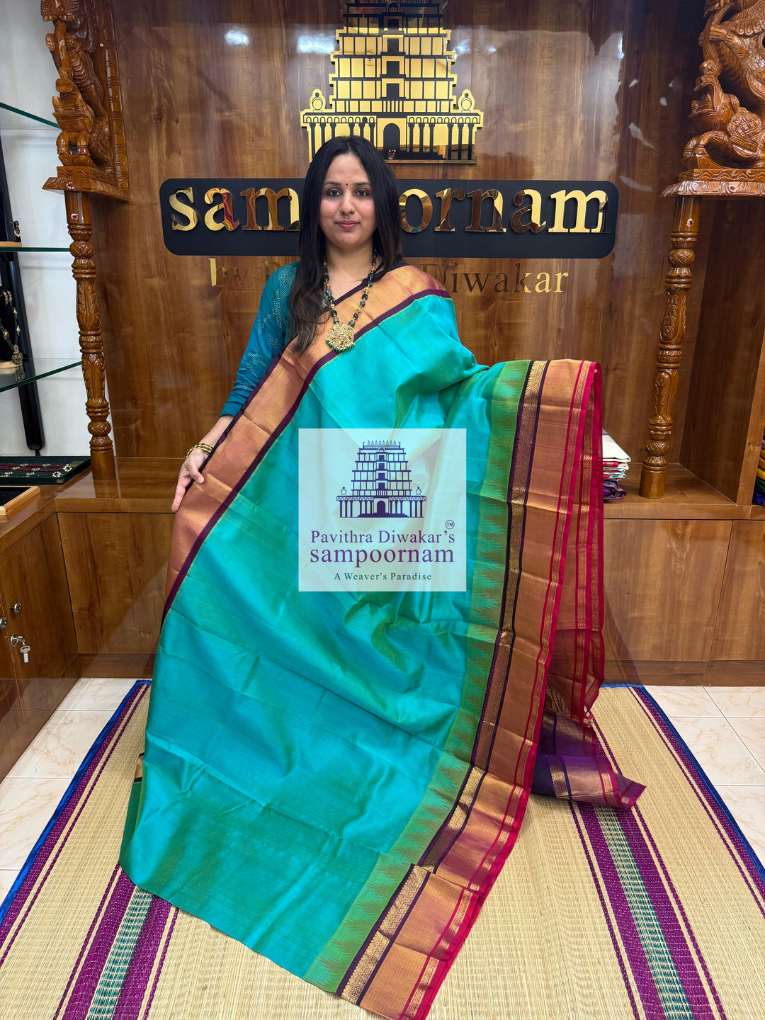 Ramar Blue with Purple , One side triple coloured rich Temple Tissue border ,grand Pallu Korvai Silk Cotton Saree