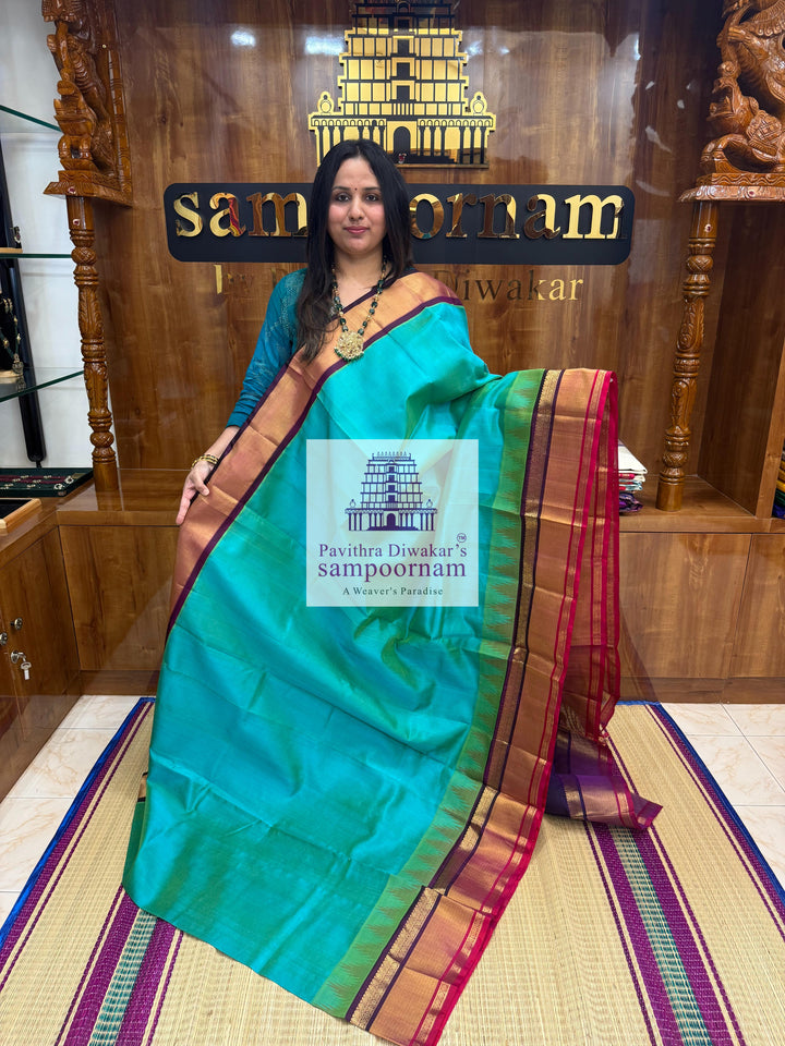 Ramar Blue with Purple , One side triple coloured rich Temple Tissue border ,grand Pallu Korvai Silk Cotton Saree