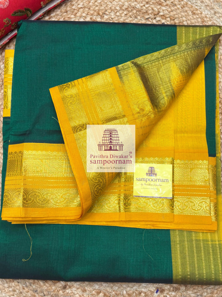 Dark Green with Mustard , rettapet border and grand Pallu Silk Cotton Saree