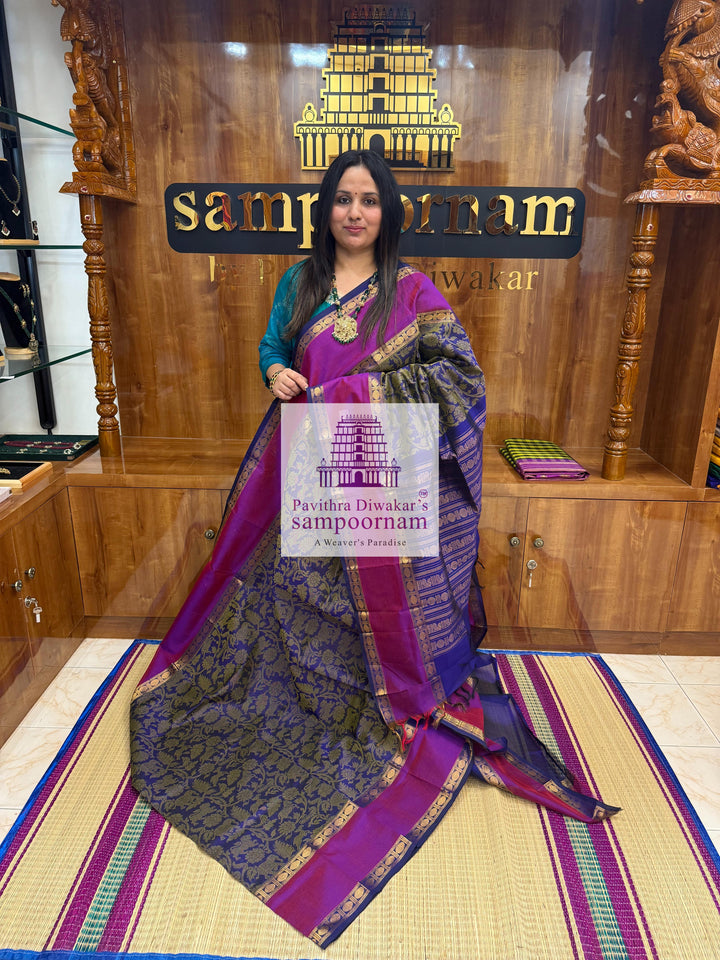 Dark Blue with Purple,Rettapet Rudraksh Border , Vanasingaaram Thread Butta all over and rich Pallu Silk Cotton Saree