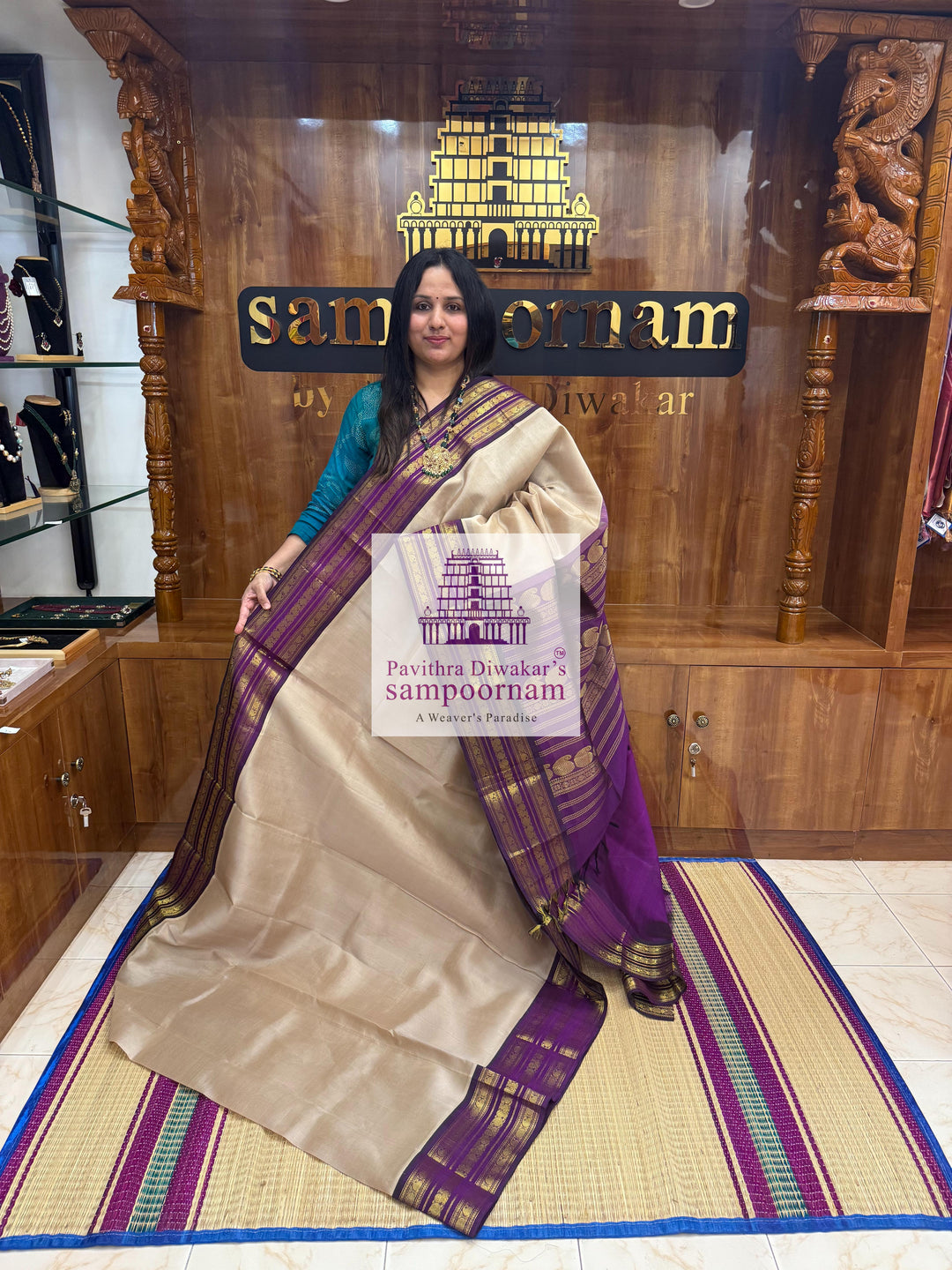 Beige with Purple , Kanchi traditional borders and rich Pallu Korvai Silk Cotton Saree