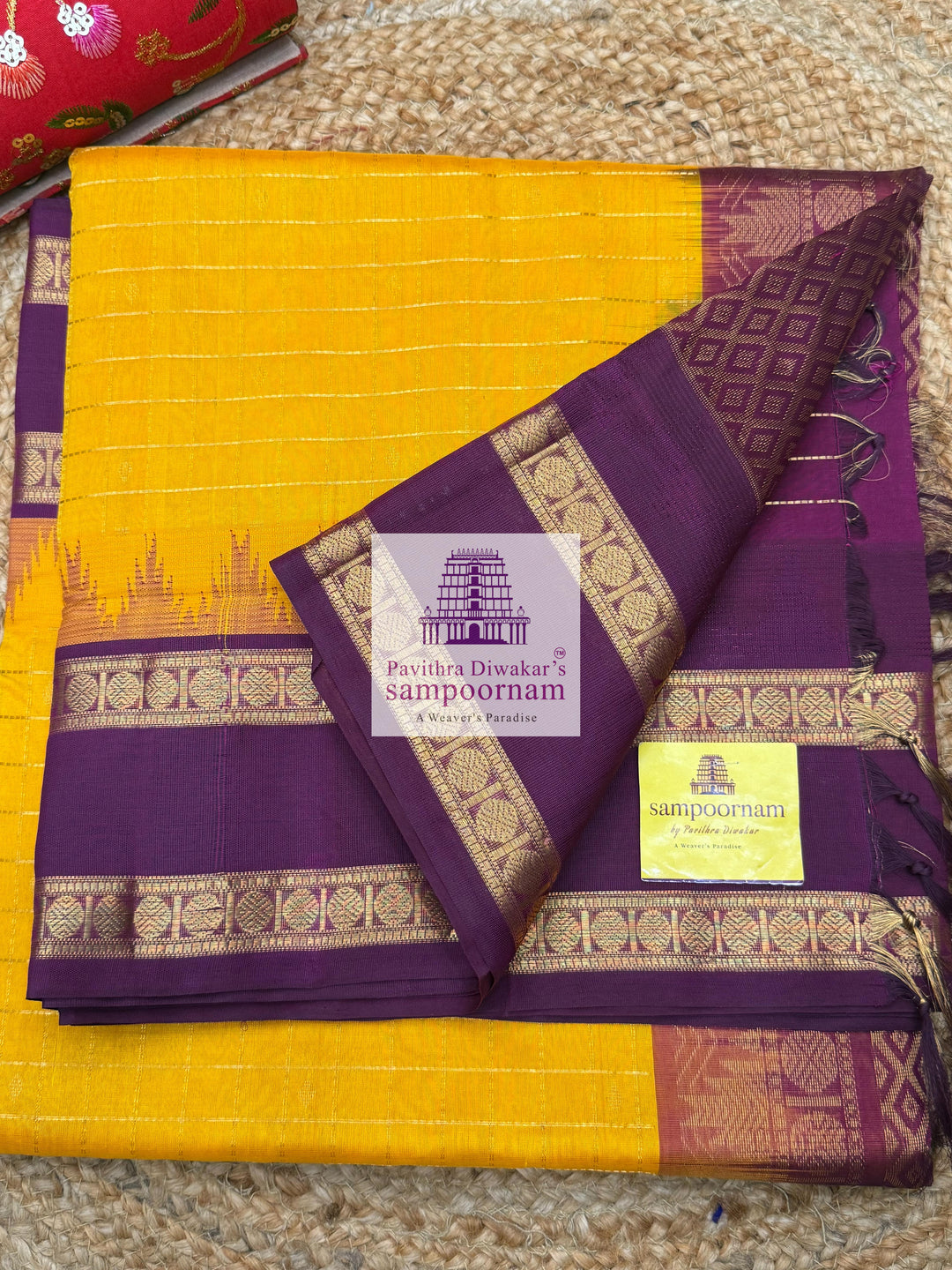 Mambazha Manjal with Araku Zari checks in the body , temple border and grand Pallu Korvai Silk Cotton Saree