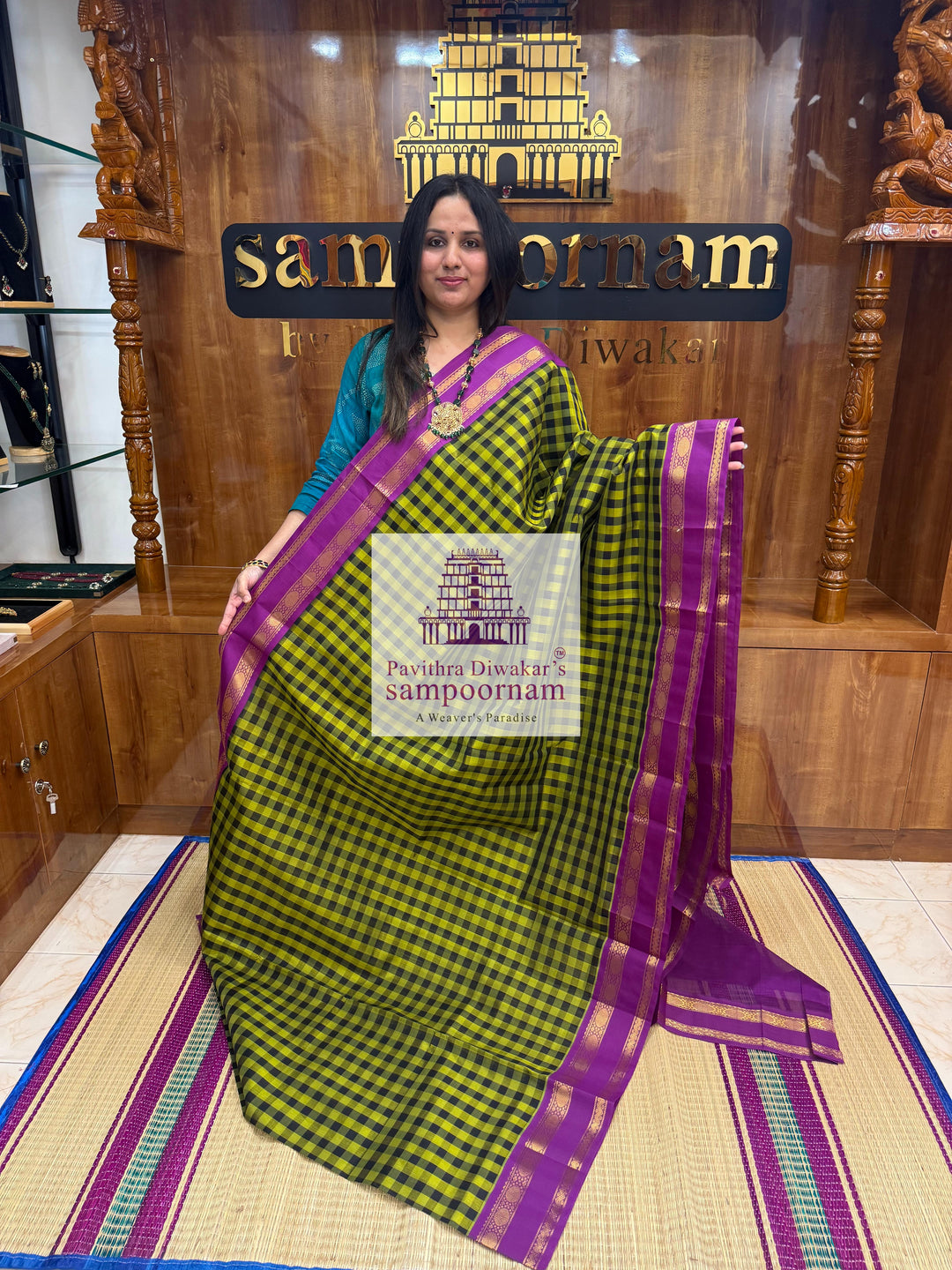 Green & Black with Purple Paalum Pazham Kattam , rettapet border and grand Pallu Korvai Silk Cotton Saree