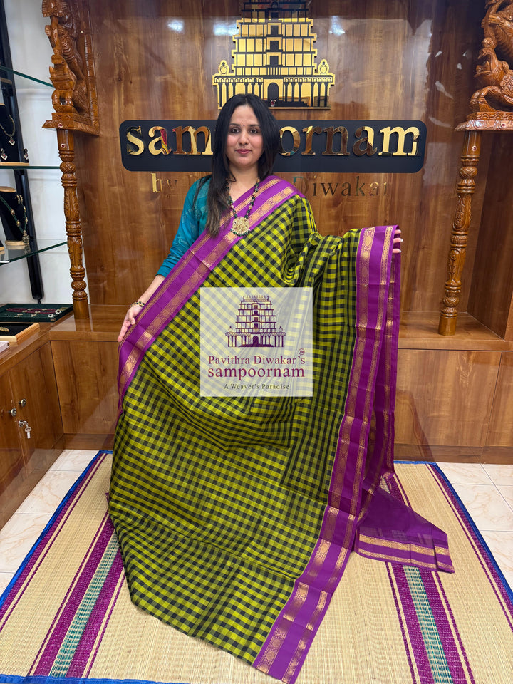 Green & Black with Purple Paalum Pazham Kattam , rettapet border and grand Pallu Korvai Silk Cotton Saree