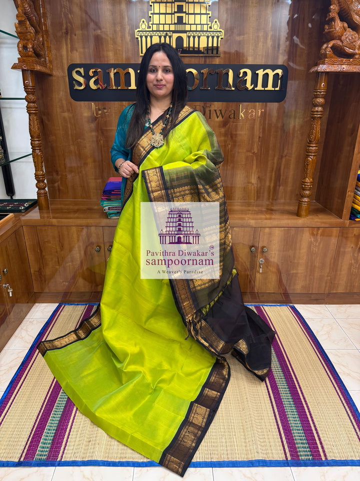 Parrot Green with Dark Brown , traditional borders and rich Pallu Korvai Silk Cotton Saree