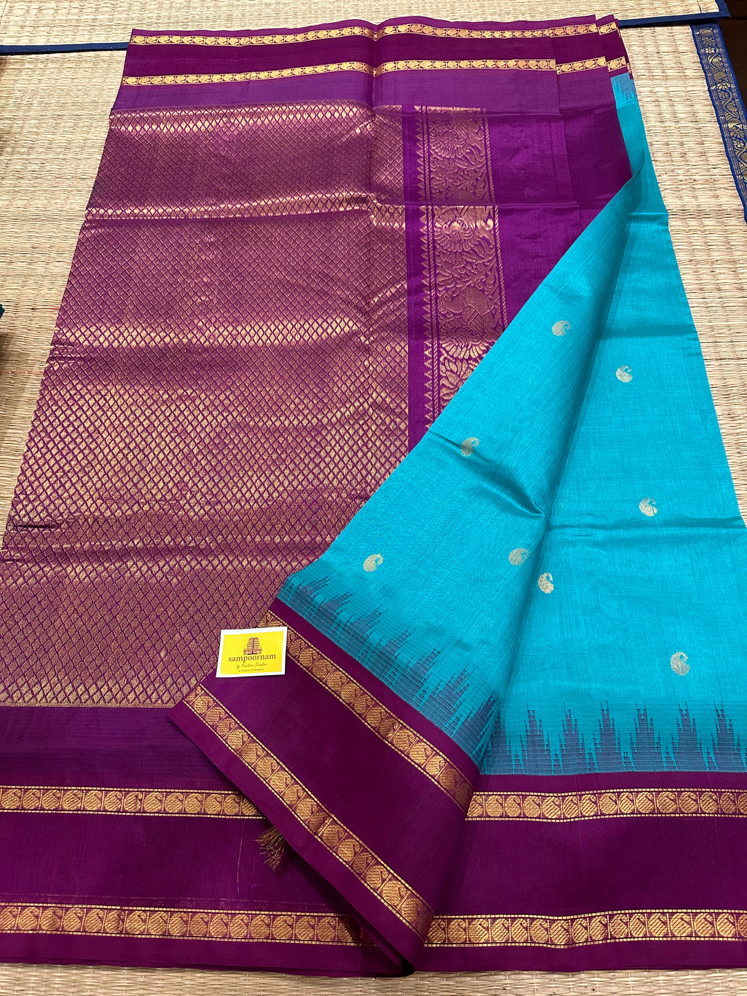 Ramar Blue with Purple Rettapet Temple Border Body Butta Rich Pallu Korvai Silk Cotton Saree