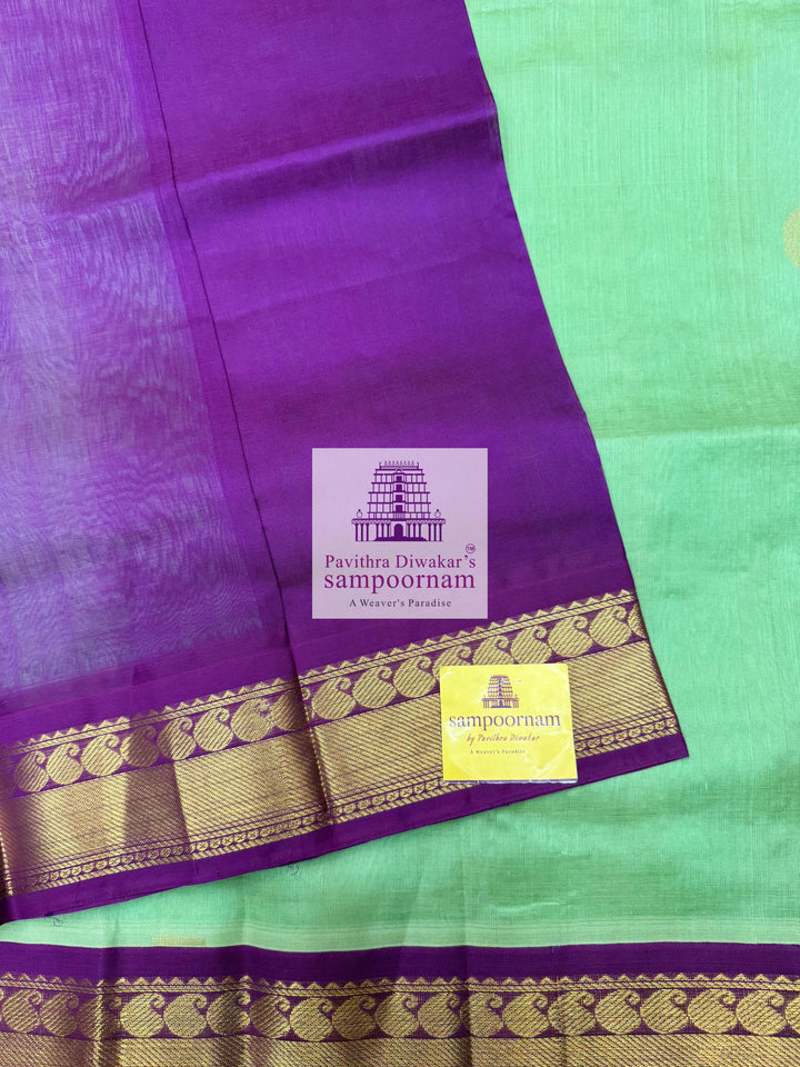 Pastel Green with Purple , Zari butta in the body , traditional border and rich Pallu Korvai Silk Cotton Saree