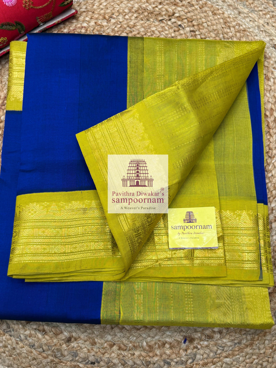 MS Blue with Lemon green  , traditional borders and rich Pallu Korvai Silk Cotton Saree