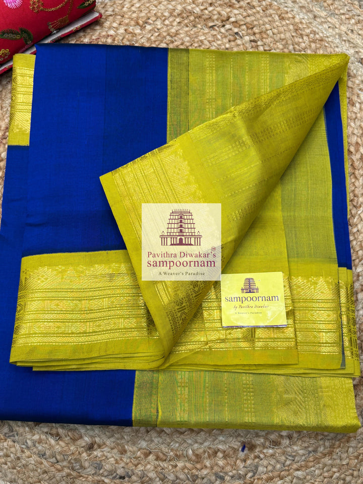 MS Blue with Lemon green  , traditional borders and rich Pallu Korvai Silk Cotton Saree