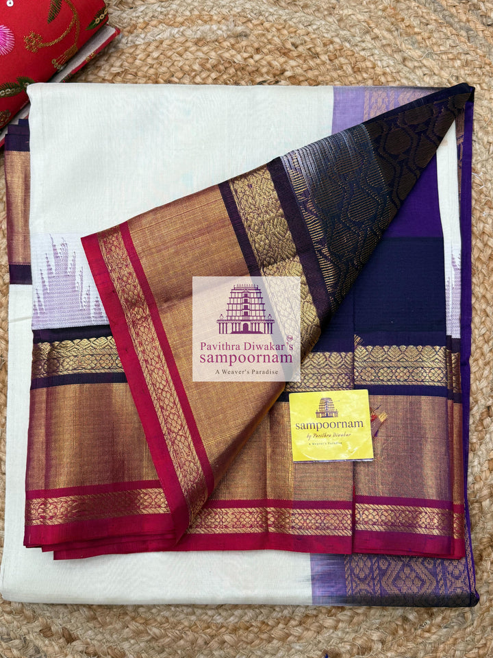 Offwhite with Purple , One side triple coloured rich Temple Tissue border , Grand Pallu Korvai Silk Cotton Saree
