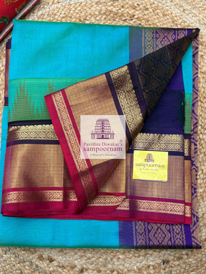 Ramar Blue with Purple , One side triple coloured rich Temple Tissue border ,grand Pallu Korvai Silk Cotton Saree