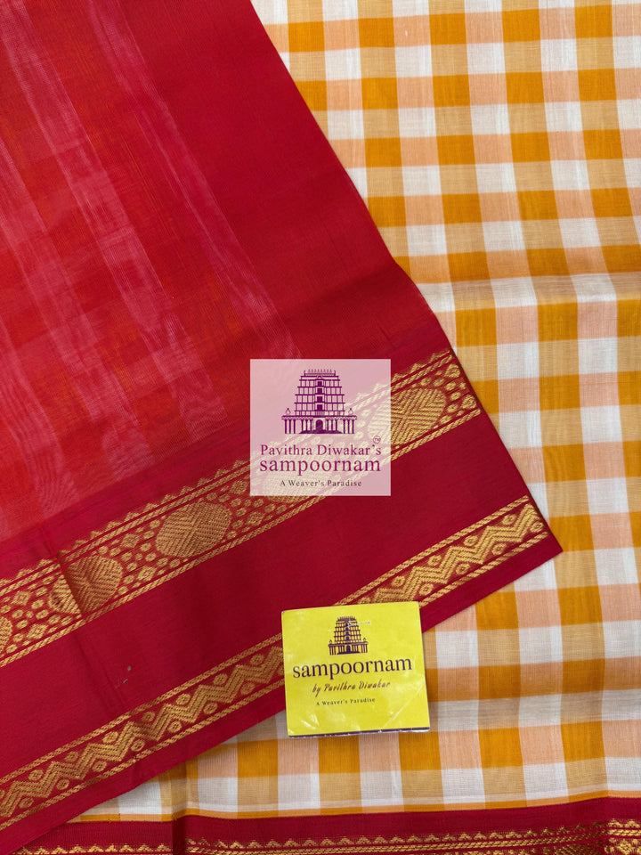 Manjal & White with Red Pallum Pazham Kattam , rettapet border and grand Pallu Korvai Silk Cotton Saree