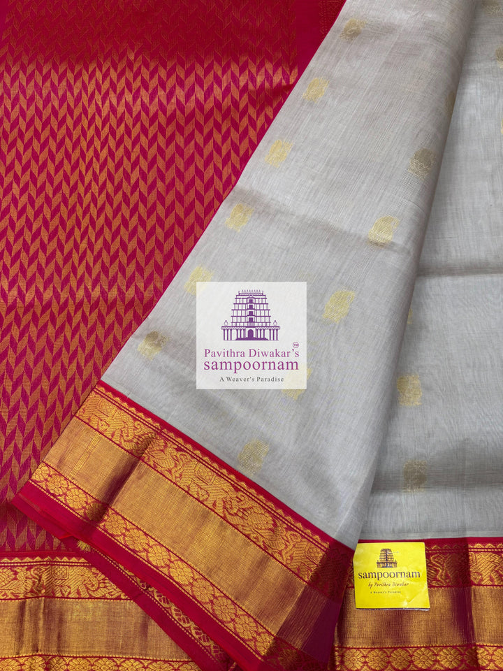 Grey with Pink , Zari Annam butta in the body , rettapet silk borders and rich Pallu Korvai Silk Cotton Saree