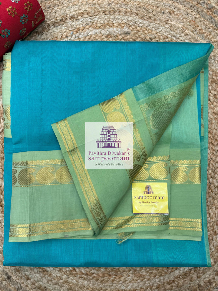 Light Blue with Pastel Green , rettapet border and rich Pallu Korvai Silk Cotton Saree