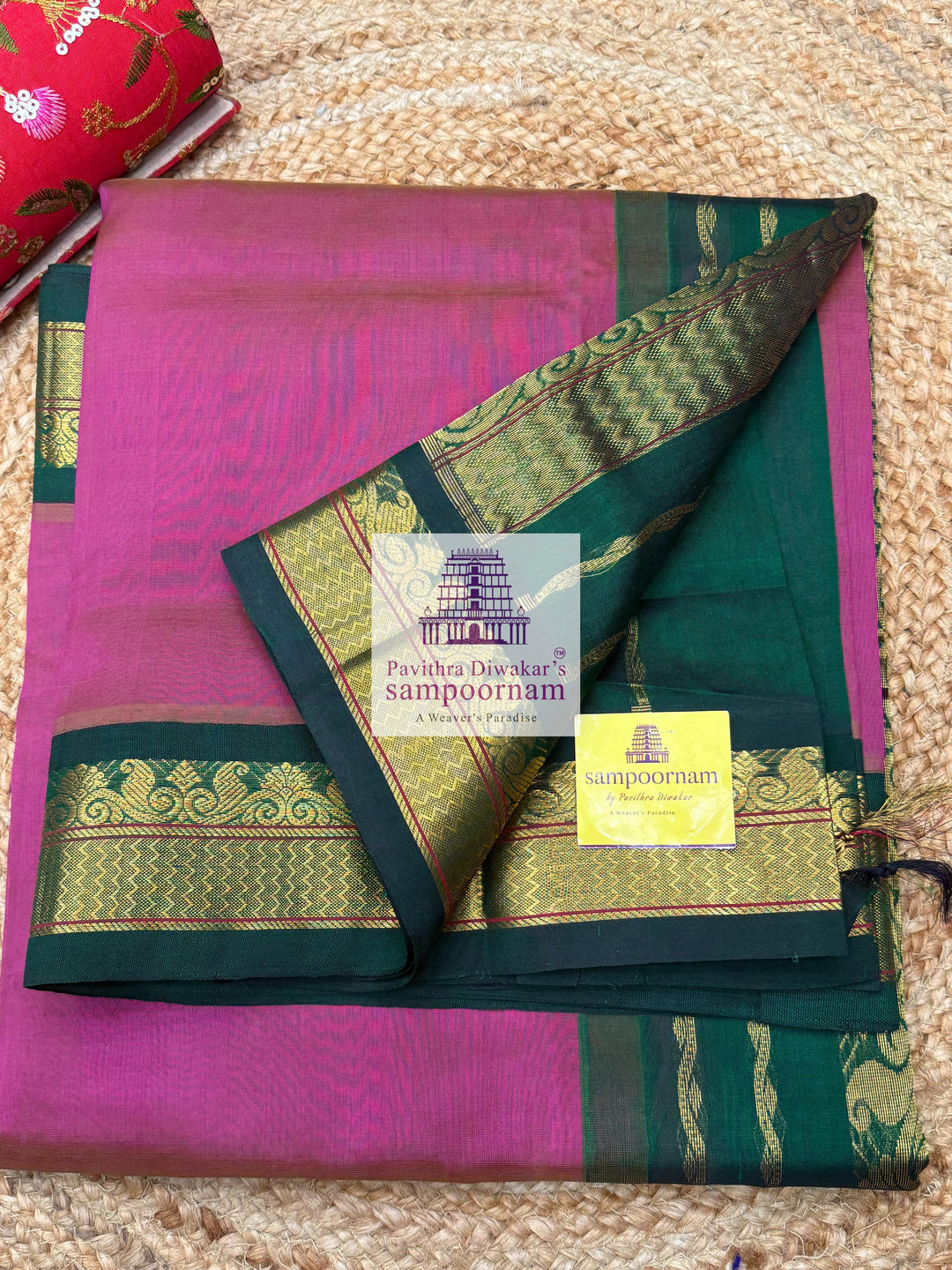 Double shaded Magenta with Green , traditional borders and rich Pallu Korvai Silk Cotton Saree