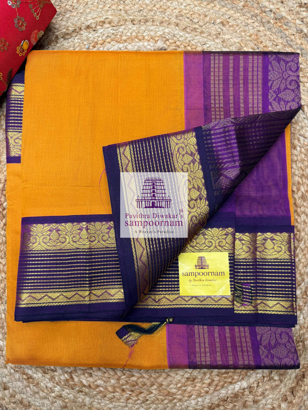 Manjal with Purple , rettapet borders and grand Pallu Korvai Silk Cotton Saree.