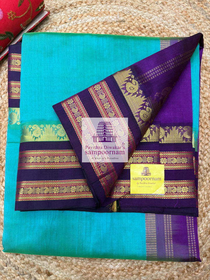 Ramar Blue with Purple , Temple design with rettapet border and rich Pallu Korvai Silk Cotton Saree
