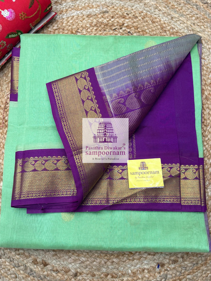 Pastel Green with Purple , Zari butta in the body , traditional border and rich Pallu Korvai Silk Cotton Saree