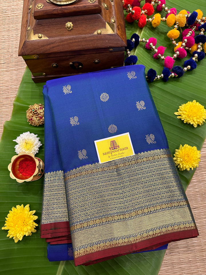 Mayil Kazhuthu Blue with Annam And Rudraksh Butta Rich Border and Pallu Pure Kanjivaram Silk Saree