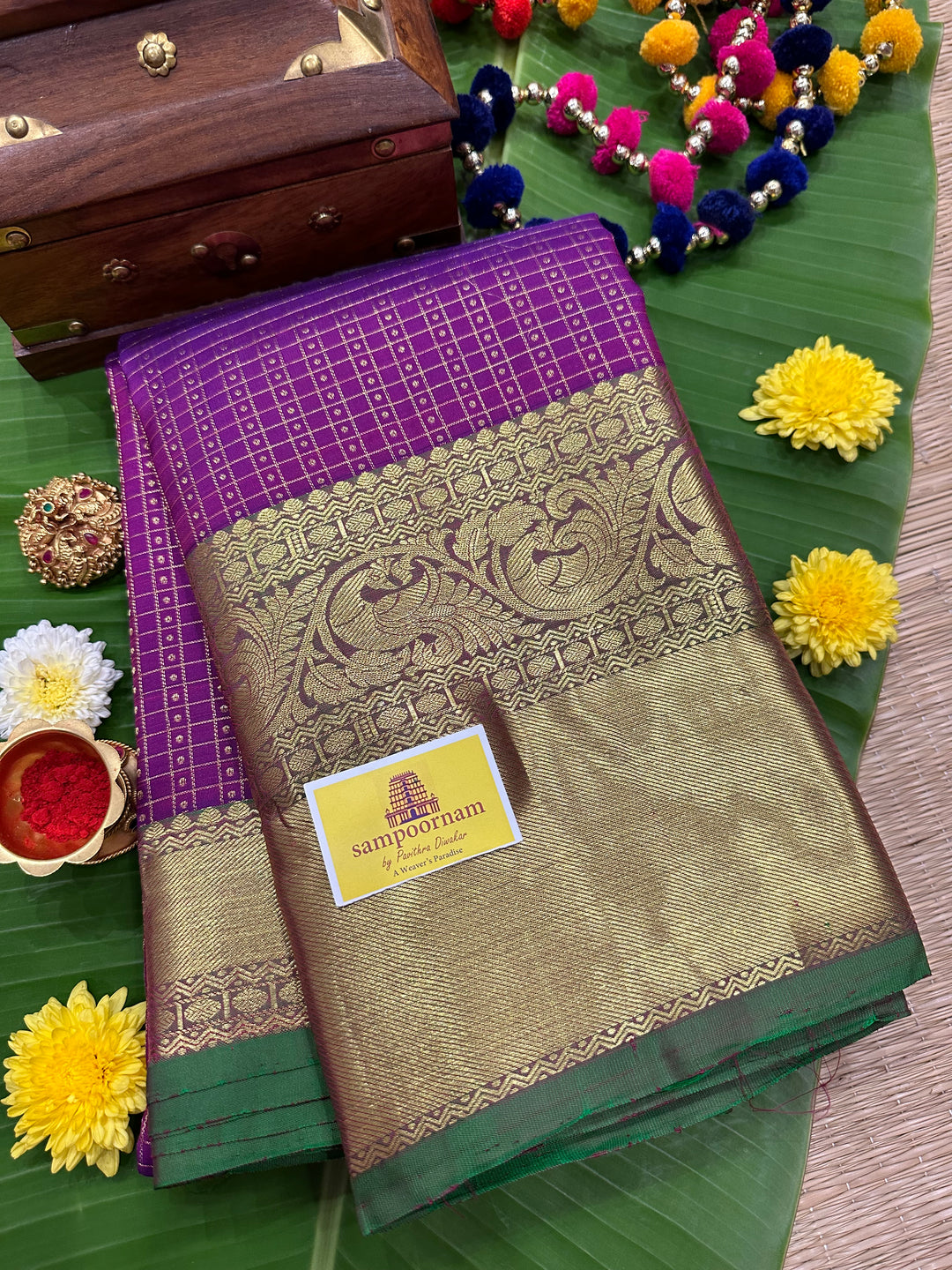 Vadamalli Purple with Manthulir Green Rich Lakshadeepam Body With Grand Border and Pallu Pure Kanjivaram Silk Saree