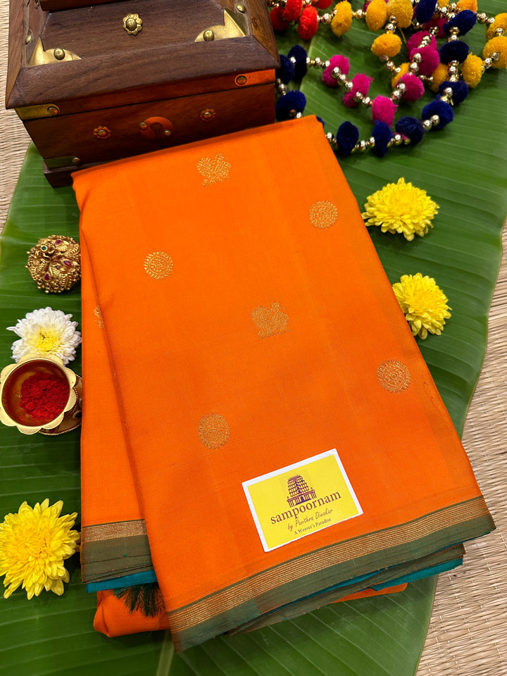 Fanta Orange with Turquoise Blue, Rich Annam and Rudraksh Butta, Killi Kanjivaram in the Pallu, Pure Zari Kanjivaram Silk Saree