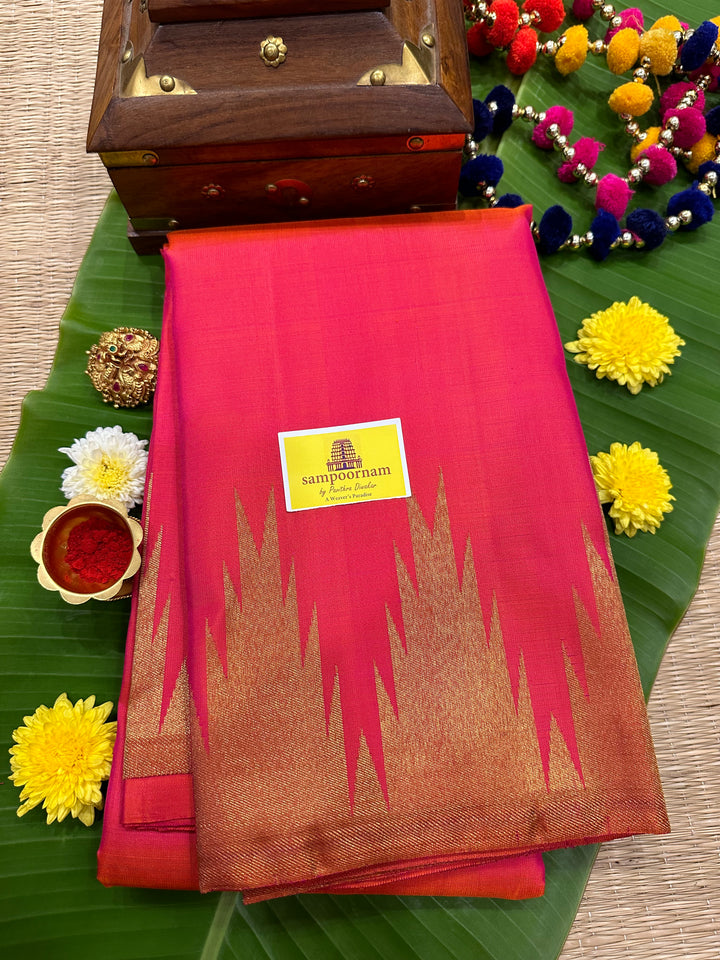 Orangish Pink with Rich Temple Border and Tissue Pallu Pure Zari, Pure Kanjivaram Silk Saree