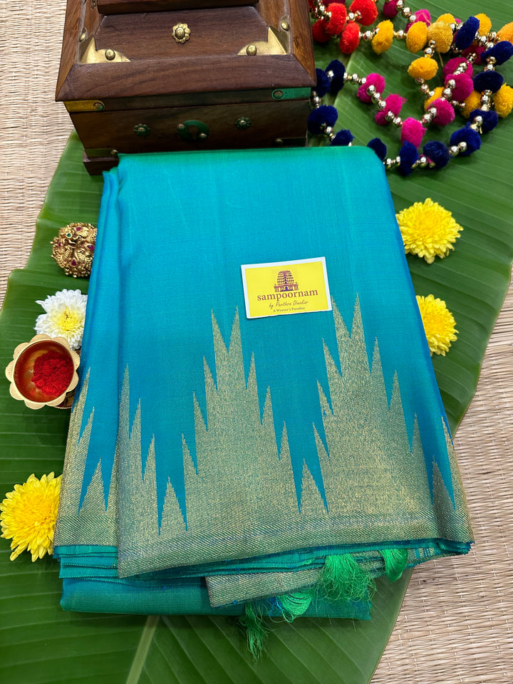 Turquoise Blue with Rich Temple Border Tissue Rich Pallu  , Pure Zari, Pure Kanjivaram Silk Saree