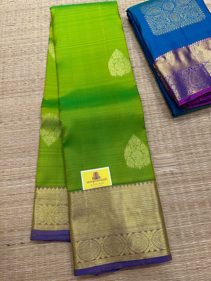 Light Green with Light Purple Zari Rich Butta and Grand Border and Pallu Pure Kanjivaram Silk Saree