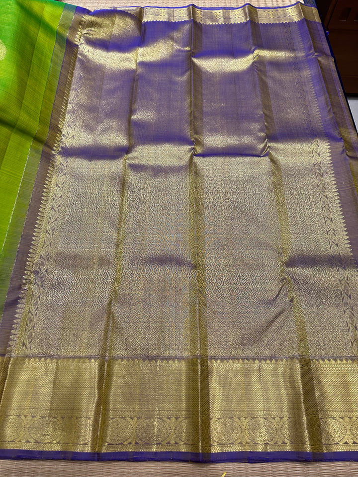 Light Green with Light Purple Zari Rich Butta and Grand Border and Pallu Pure Kanjivaram Silk Saree