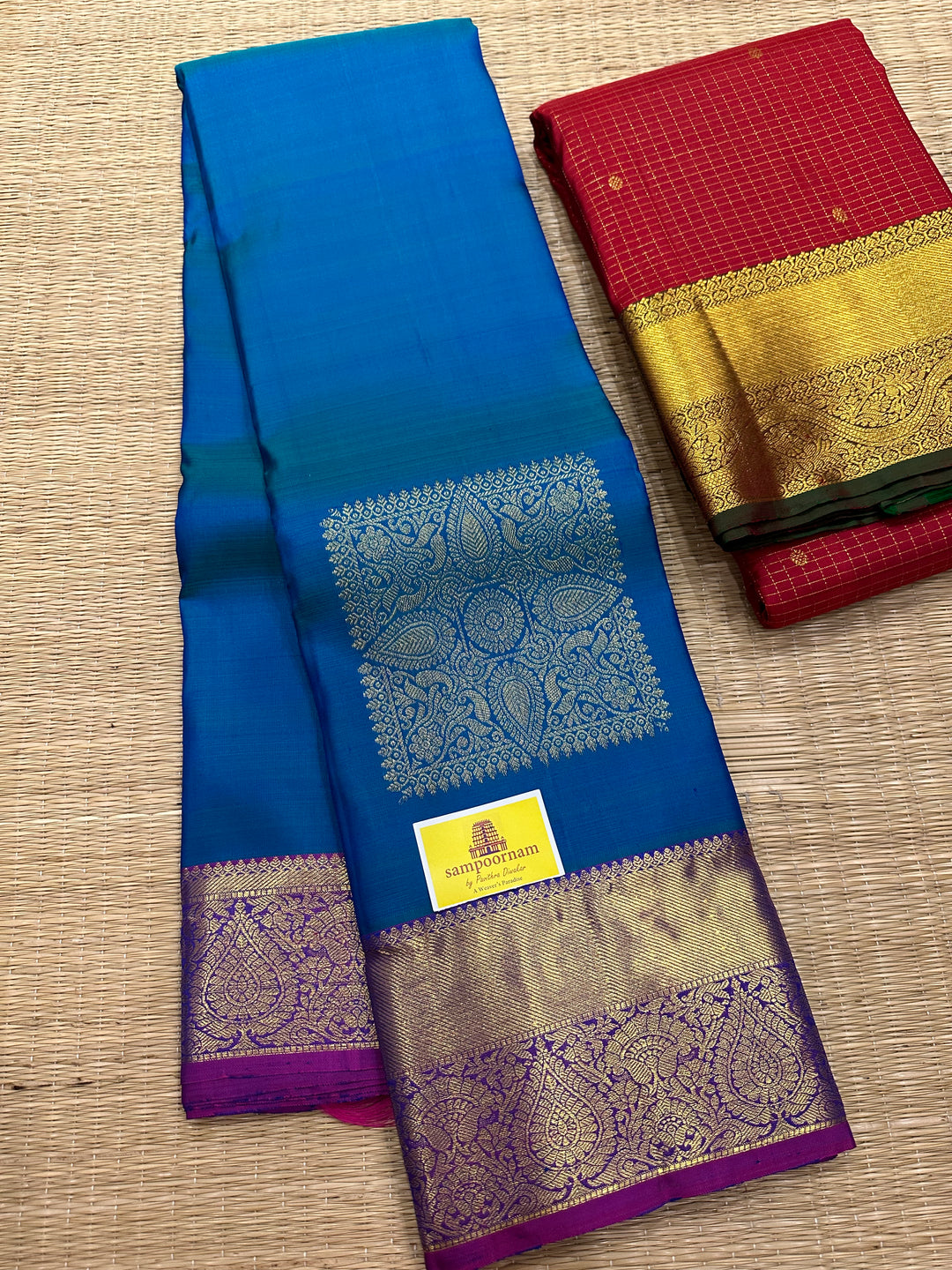 Blue with Purple Rich Body Square Butta and Rich Border Pallu Pure Kanjivaram Silk Saree