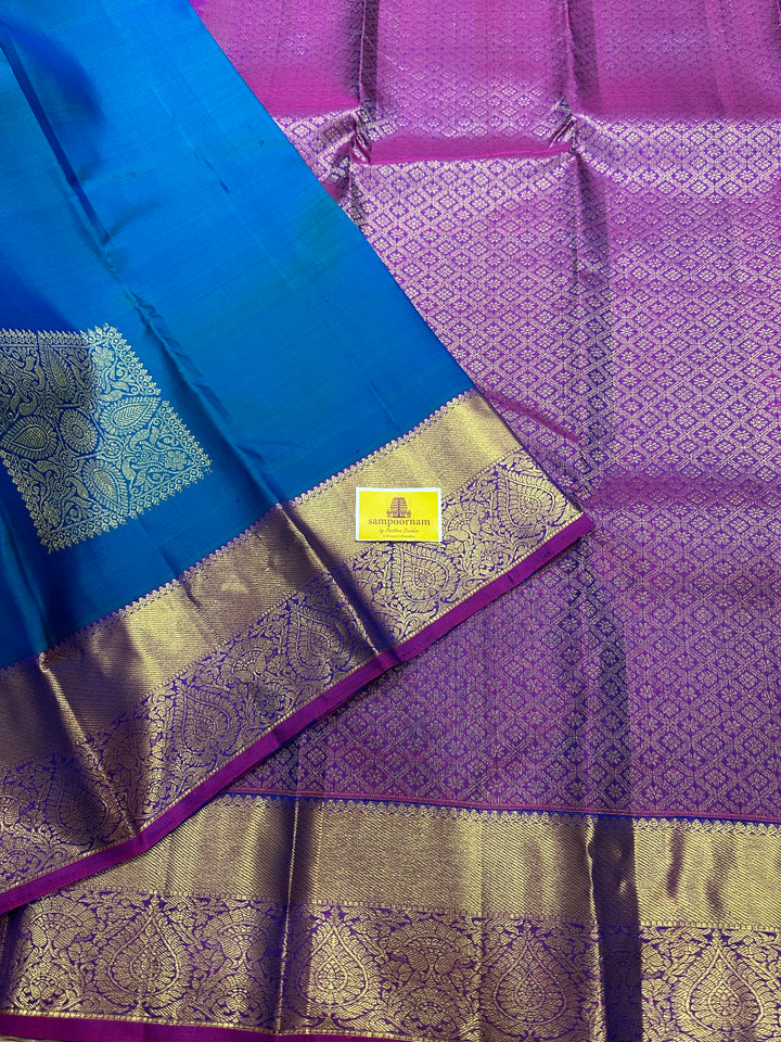 Blue with Purple Rich Body Square Butta and Rich Border Pallu Pure Kanjivaram Silk Saree