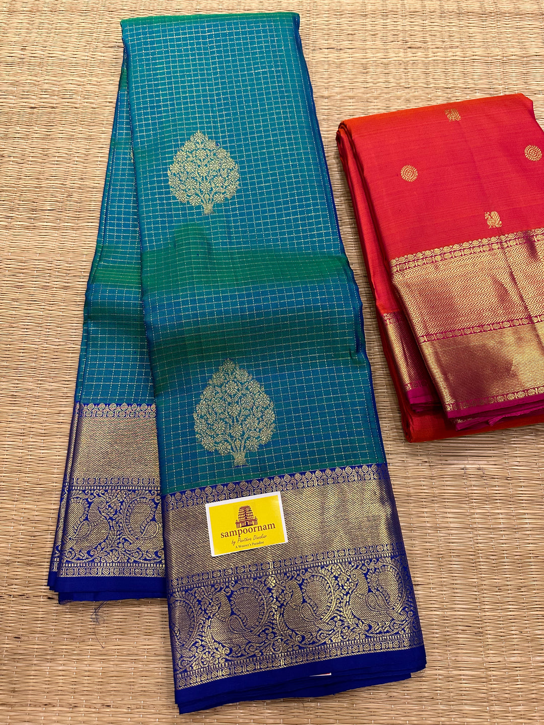 Bluish Green with Blue , Rich Butta, Body Podi Kattam and Rich Border Pallu Pure Kanjivaram Silk Saree