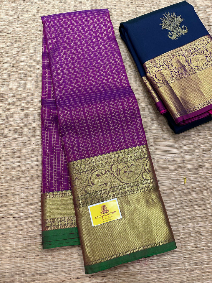 Vadamalli Purple with Manthulir Green Rich Lakshadeepam Body With Grand Border and Pallu Pure Kanjivaram Silk Saree