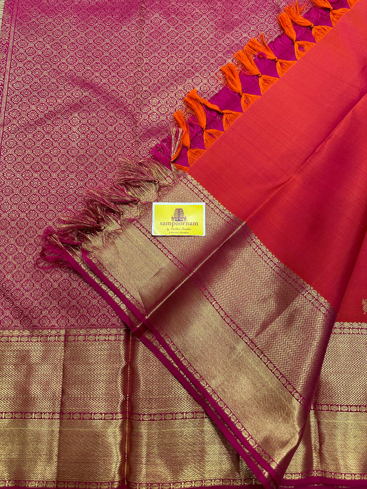 Pinkish Red with Pink Body Annam and Rudraksh Butta Rich Border and Pallu Pure Kanjivaram Silk Saree