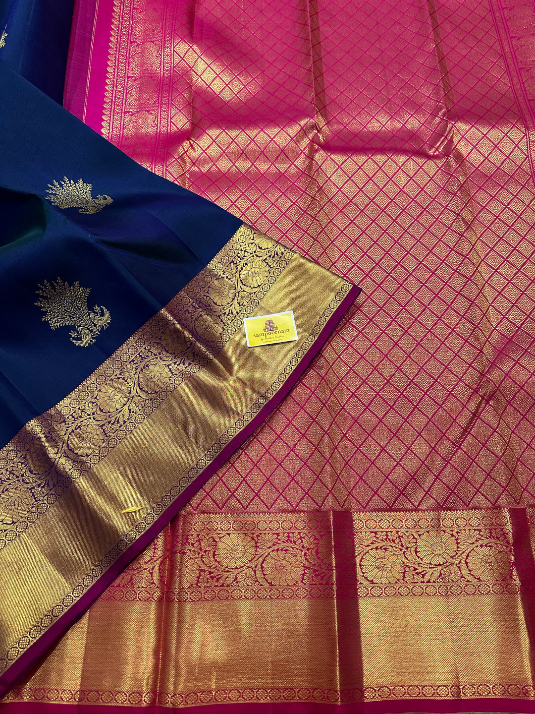 Dark Blue with Pink Rich Peacock Butta , Rich Border and Pallu Pure Kanjivaram Silk Saree