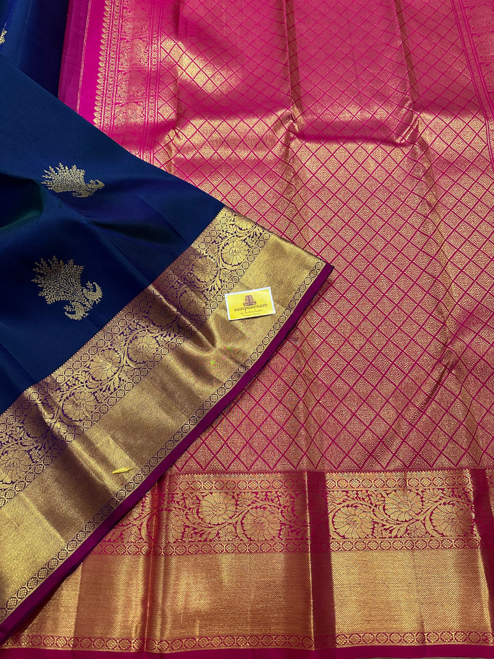 Dark Blue with Pink Rich Peacock Butta , Rich Border and Pallu Pure Kanjivaram Silk Saree