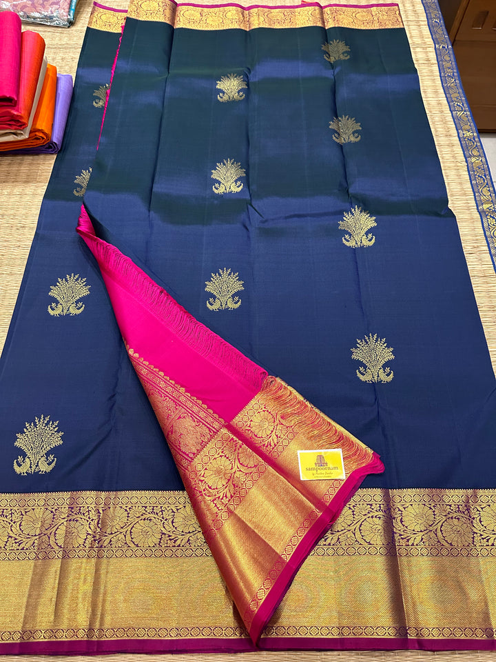 Dark Blue with Pink Rich Peacock Butta , Rich Border and Pallu Pure Kanjivaram Silk Saree