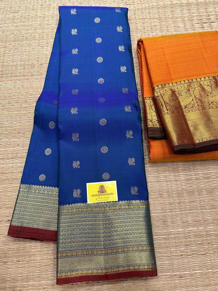 Mayil Kazhuthu Blue with Annam And Rudraksh Butta Rich Border and Pallu Pure Kanjivaram Silk Saree