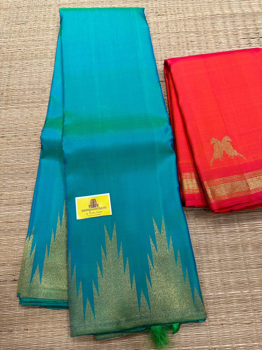 Turquoise Blue with Rich Temple Border Tissue Rich Pallu  , Pure Zari, Pure Kanjivaram Silk Saree