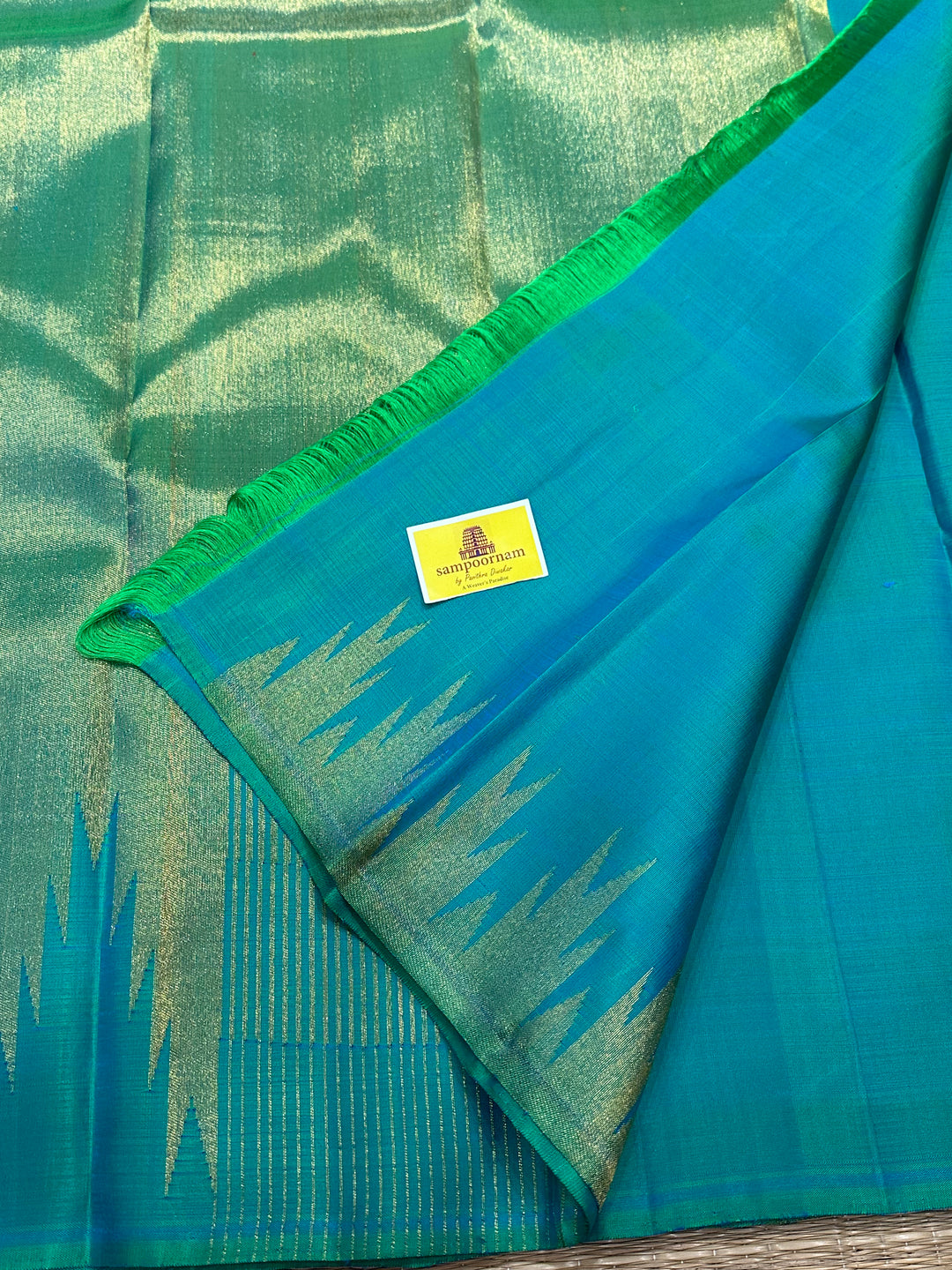 Turquoise Blue with Rich Temple Border Tissue Rich Pallu  , Pure Zari, Pure Kanjivaram Silk Saree