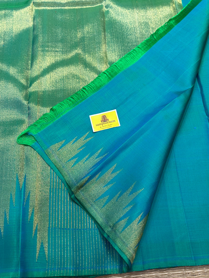 Turquoise Blue with Rich Temple Border Tissue Rich Pallu  , Pure Zari, Pure Kanjivaram Silk Saree