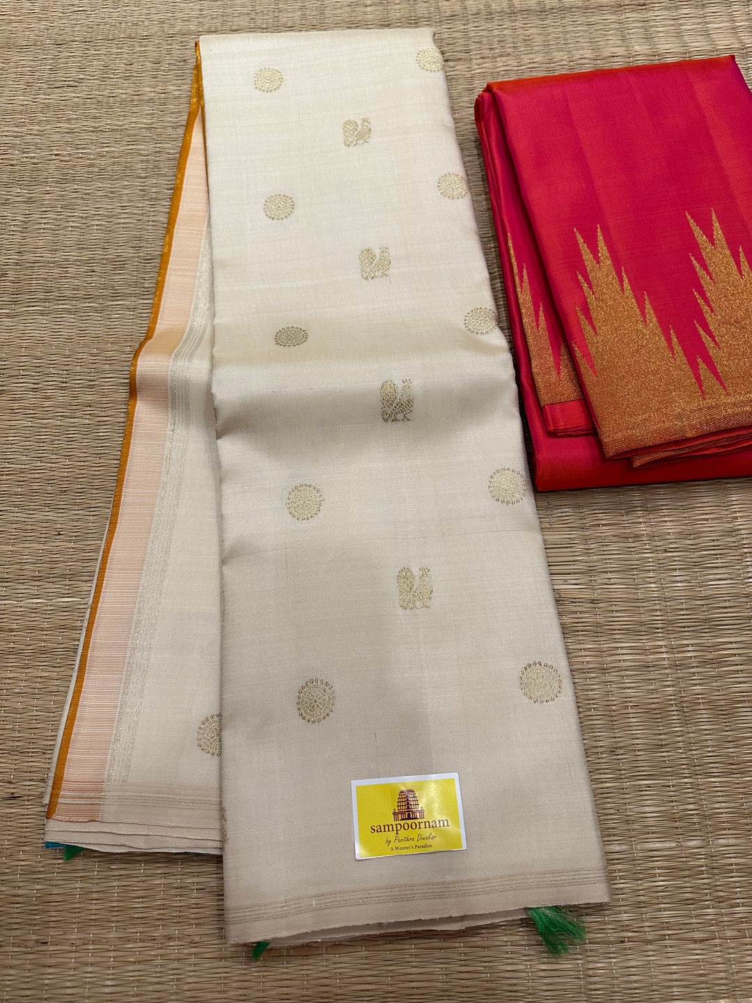 Offwhite with Double Coloured Border Mustard and Sea Green , Rich Annam and Rudraksh Zari Butta, Rich pallu ,Kanjivaram Pure Zari Silk Saree