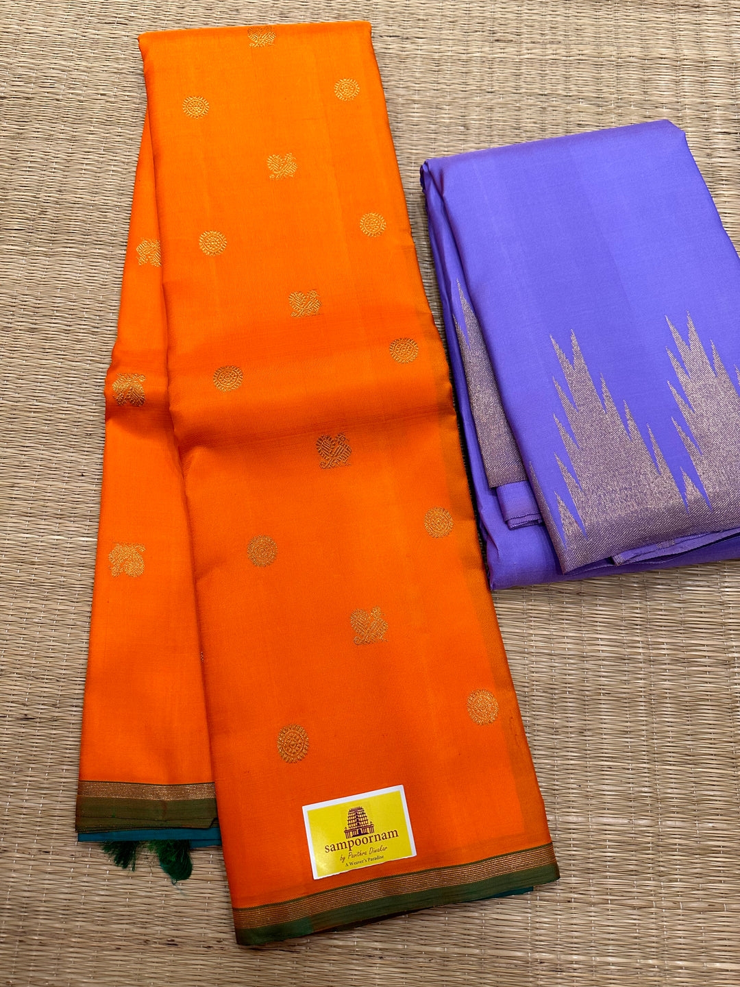 Fanta Orange with Turquoise Blue, Rich Annam and Rudraksh Butta, Killi Kanjivaram in the Pallu, Pure Zari Kanjivaram Silk Saree