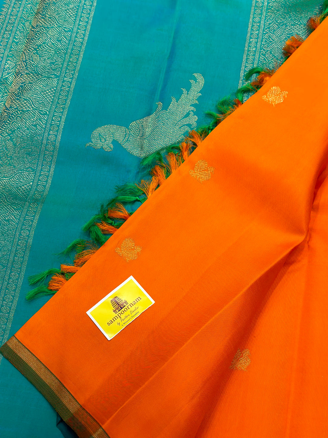 Fanta Orange with Turquoise Blue, Rich Annam and Rudraksh Butta, Killi Kanjivaram in the Pallu, Pure Zari Kanjivaram Silk Saree