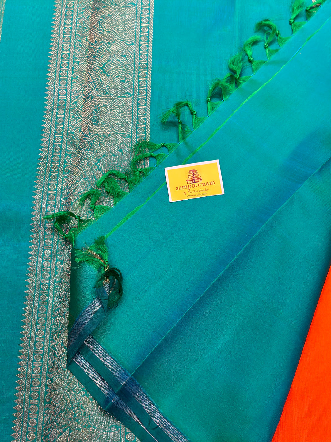 Fanta Orange with Turquoise Blue, Rich Annam and Rudraksh Butta, Killi Kanjivaram in the Pallu, Pure Zari Kanjivaram Silk Saree