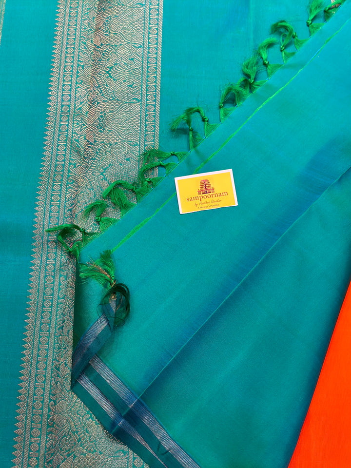 Fanta Orange with Turquoise Blue, Rich Annam and Rudraksh Butta, Killi Kanjivaram in the Pallu, Pure Zari Kanjivaram Silk Saree