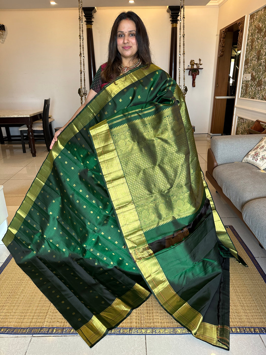 Dark Green with Zari Butta all over the Body Rich Border And Pallu Pure Kanjivaram Silk Saree