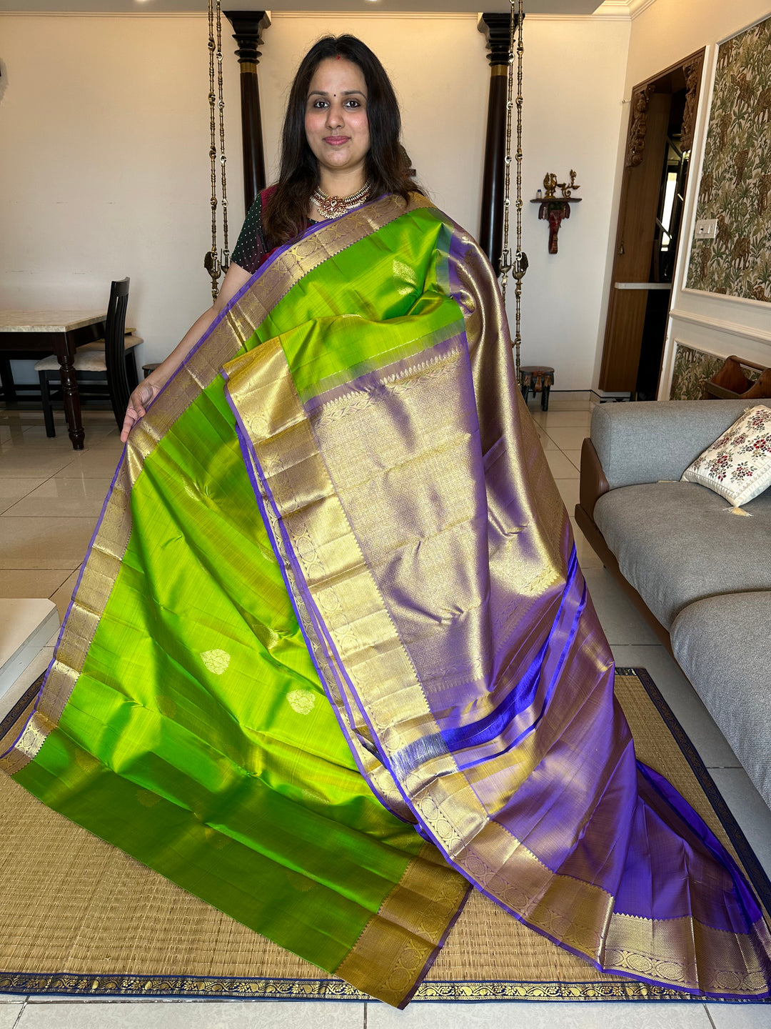 Light Green with Light Purple Zari Rich Butta and Grand Border and Pallu Pure Kanjivaram Silk Saree