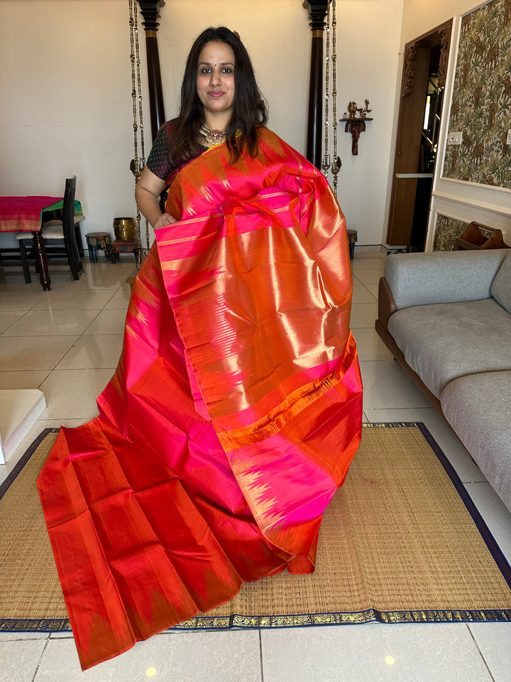 Orangish Pink with Rich Temple Border and Tissue Pallu Pure Zari, Pure Kanjivaram Silk Saree