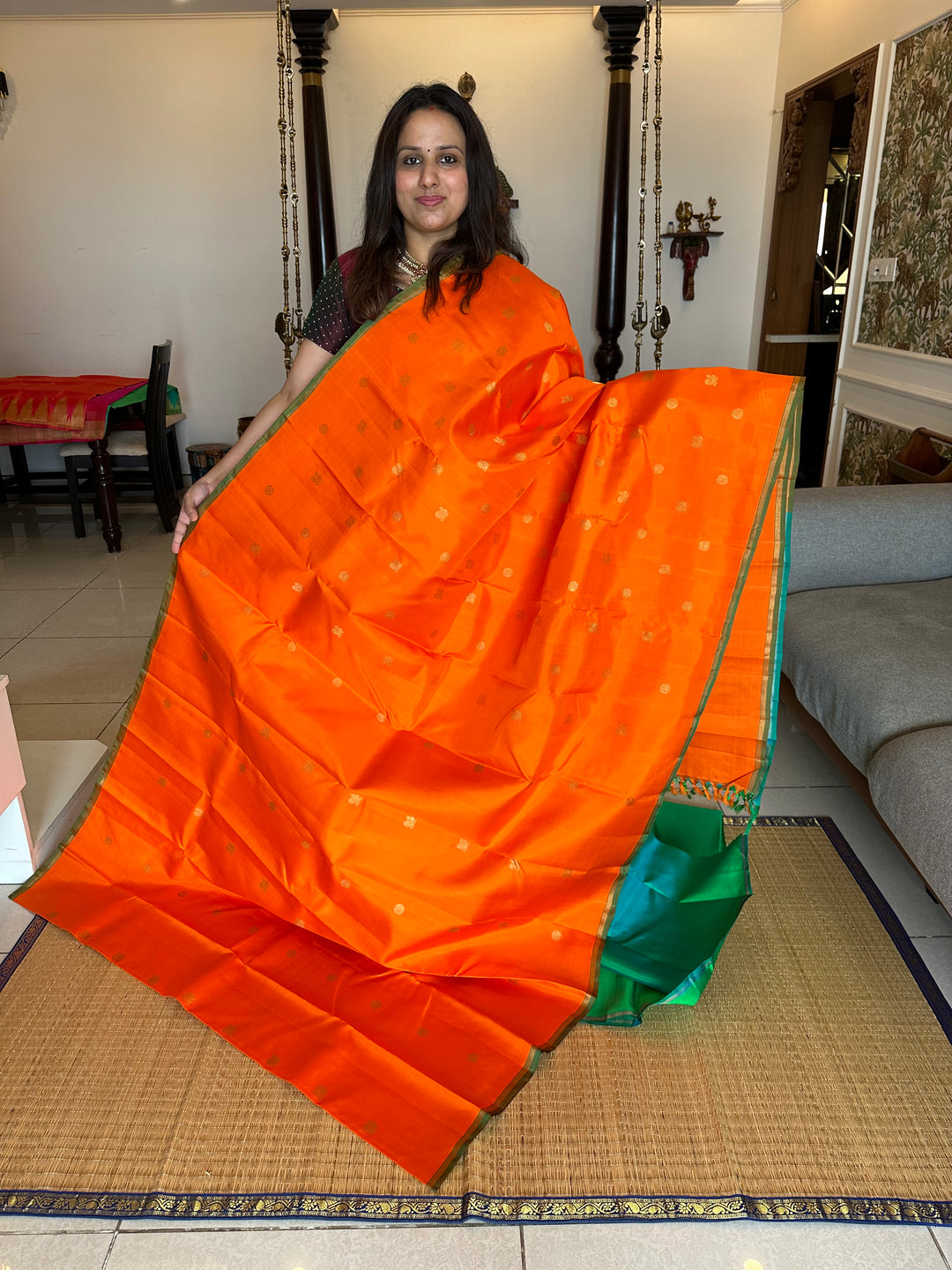 Fanta Orange with Turquoise Blue, Rich Annam and Rudraksh Butta, Killi Kanjivaram in the Pallu, Pure Zari Kanjivaram Silk Saree